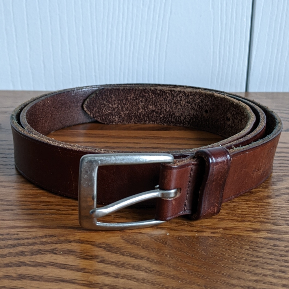 POLO Ralph Lauren Men Sz 42 Silver Buckle Italian Leather Belt Cognac / Brown